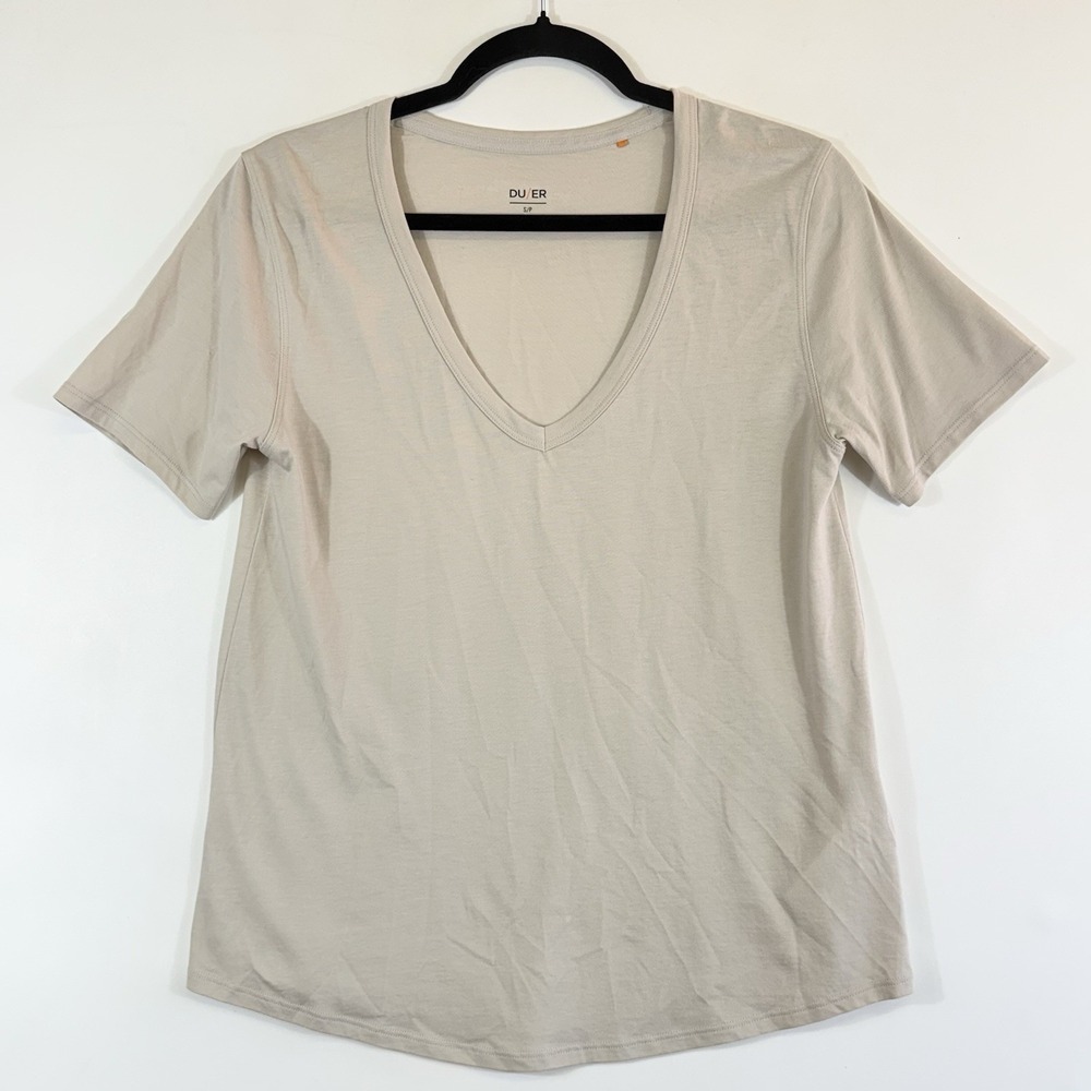 Du/Er Active T-Shirt Top Womens Small Tan The Only‎ Tee Cotton Capsule V-Neck